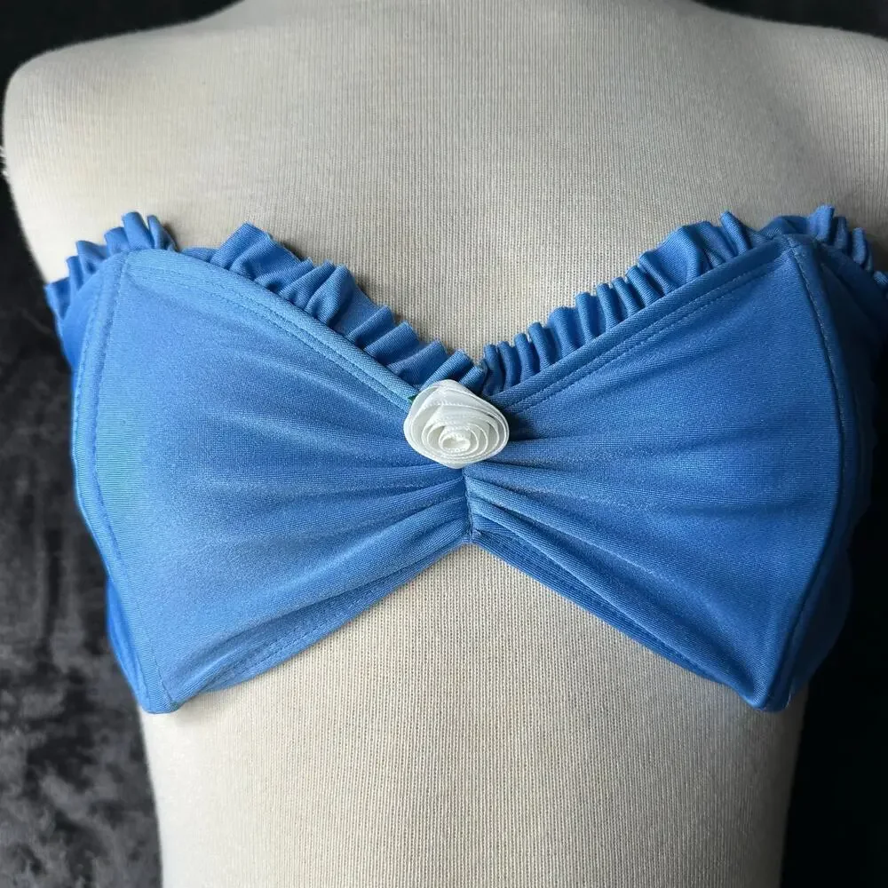 Vintage 80s/90s Bandeau Bikini Swim Suit Cinderella Blue Princess Womens SZ M